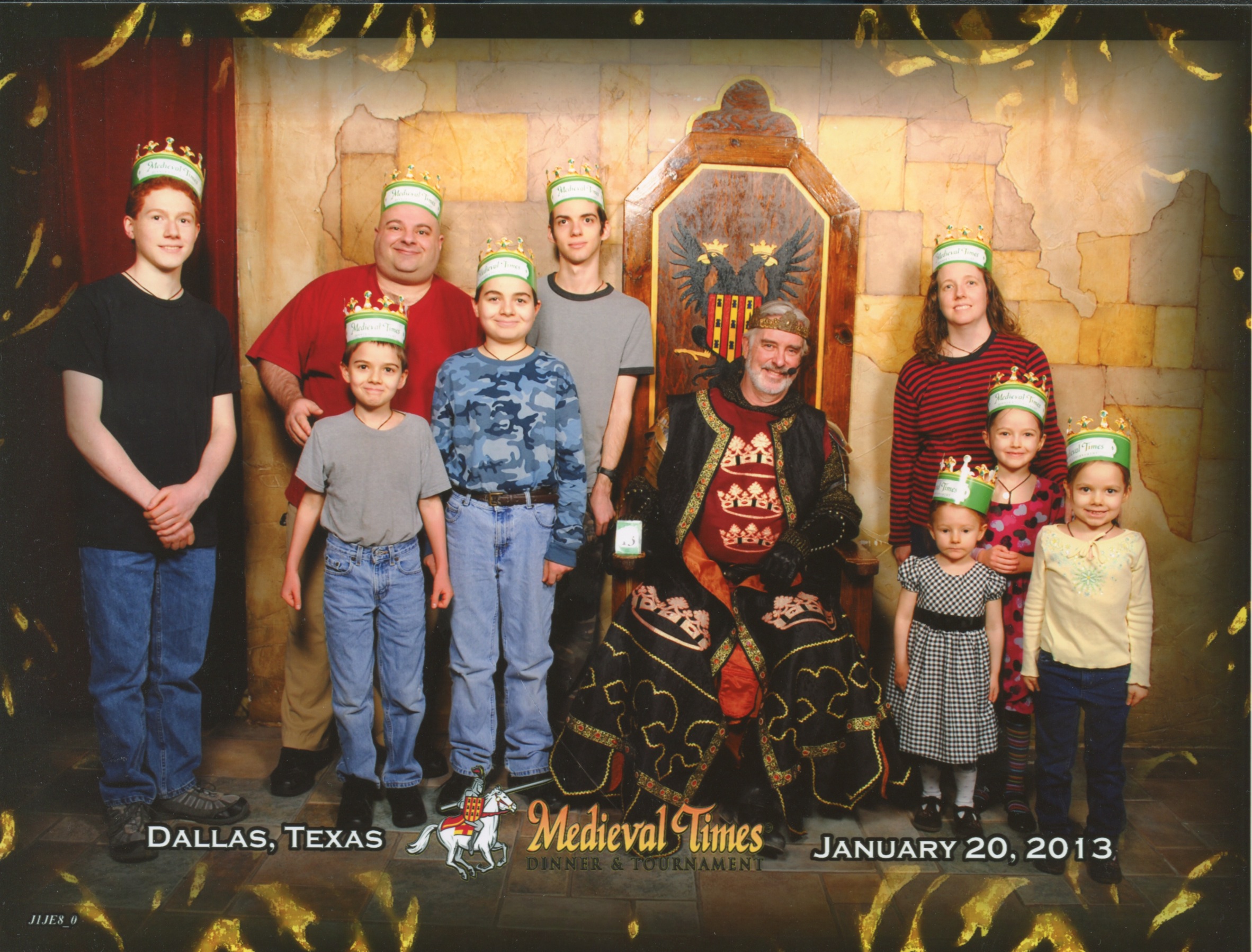 Medieval Times Throne Room. Michael, Papa, Cross, Nunzio, Joseph, The King, Jen, Catie, Jacinta and Bernie. Bottom Text: 'Dallas, Texas January 20, 2013'