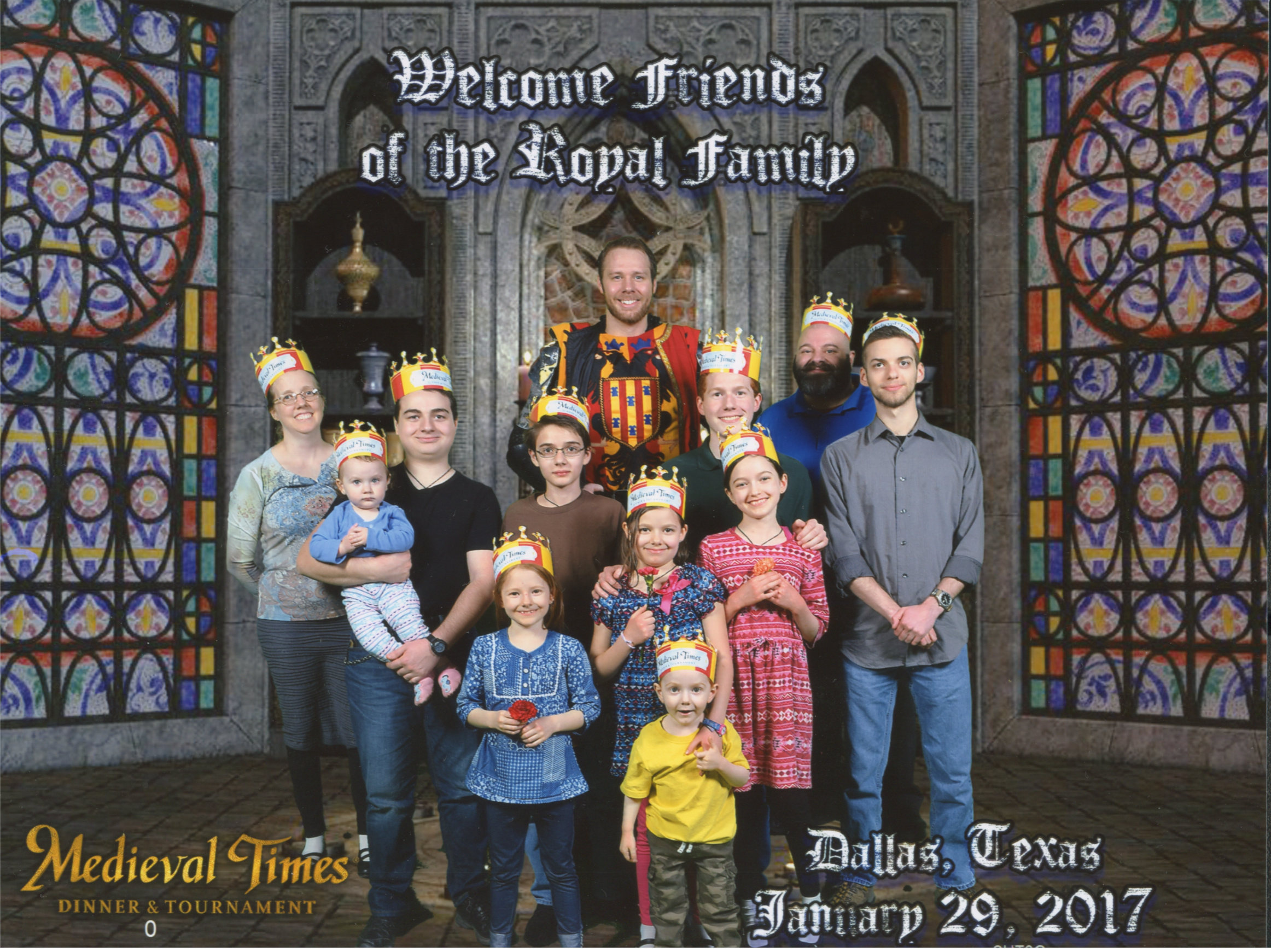 Medieval Times Stained Glass Windows Background. Jen, Nunzio hoilding Caterina, Catie, Cross, Eric the Red and Yellow Knight, Bernie, Becket, Michael, Jacinta, Justin and Joseph. Bottom Text: 'Dallas, Texas January 29, 2017'